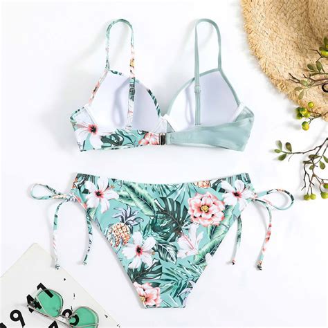 S Women S Bikini Swimwear Color Block Lace Up Floral Print Twist Front