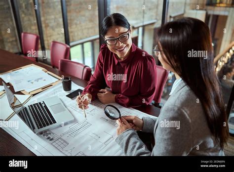 Pleased Brunette Woman Enjoying Her Team Work Stock Photo Alamy