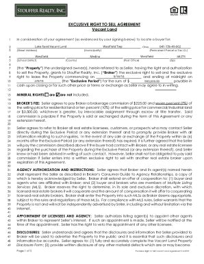 Fillable Online EXCLUSIVE RIGHT TO SELL AGREEMENT Vacant Land Fax Email