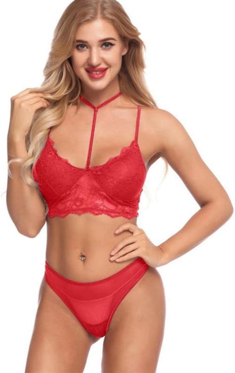 Buy Veeva Beauty And Fashion Women Red Floral Lace Bra And Panty Set