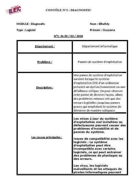 Rapport de stafe pfppt li ghadi idiha - CONTÔLE N°2 : DIAGNOSTIC MODULE