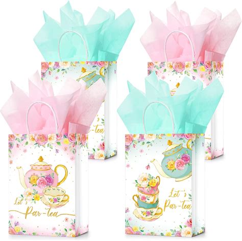 Amazon 16 Pcs Tea Party Gift Bags With Tissue Paper Pink And Green