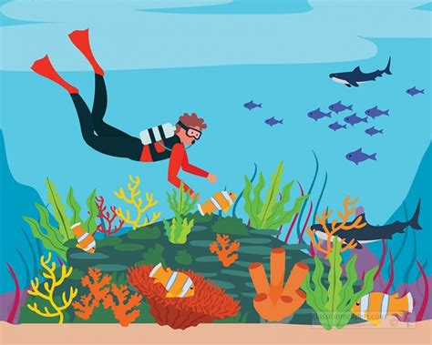 Marine Life Clipart-scuba diver surrounded by colorful fish corals clipart