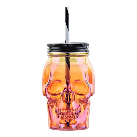 Way To Celebrate Glass Skull Sipper With Lid And Straw Orange 18 Oz