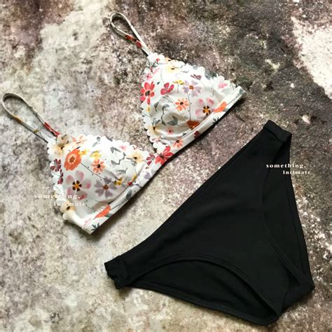 Jual H M Floral Triangle Scalloped Bikini Set Swimwear Monokini Bralette Tanpa Kawat Swimsuit