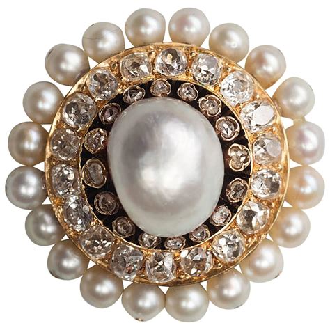 Victorian Natural Pearl Diamond Gold Round Brooch For Sale At 1stdibs