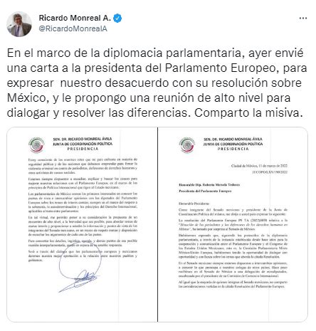 Amlo Ricardo Monreal Env A Carta A Parlamento Europeo Para Pedir