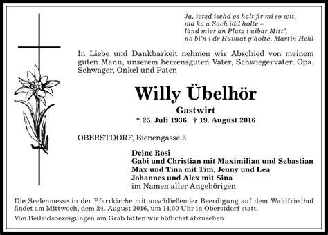 Traueranzeigen Von Willy Belh R Allg Uer Zeitung