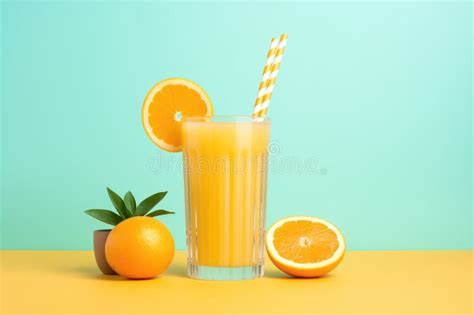 Copo De Suco De Laranja Palha E Fatia Na Jante Imagem De Stock