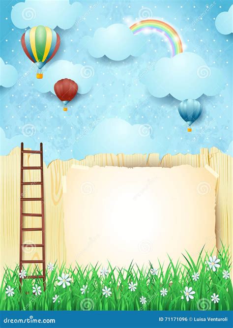 Surreal Landscape With Stairway And Hot Air Balloons Stock Vector Illustration Of Paper