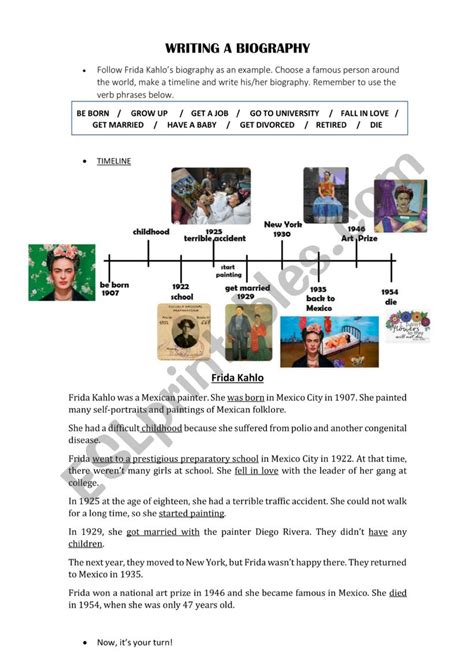 Biography Frida Kahlo Life Stages Verb Phrases Esl Worksheet By