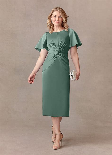 Eucalyptus Azazie Everlyn Sheath Pleated Stretch Satin Midi Length