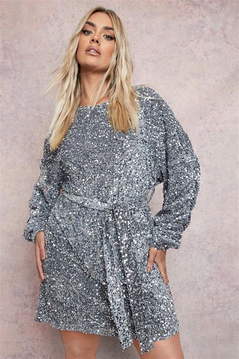 Plus Batwing Velvet Sequin Shift Dress Boohoo