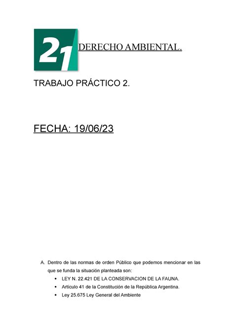 TP2 Derecho Ambiental TRABAJO PRÁCTICO 2 FECHA 19 06 A Dentro de