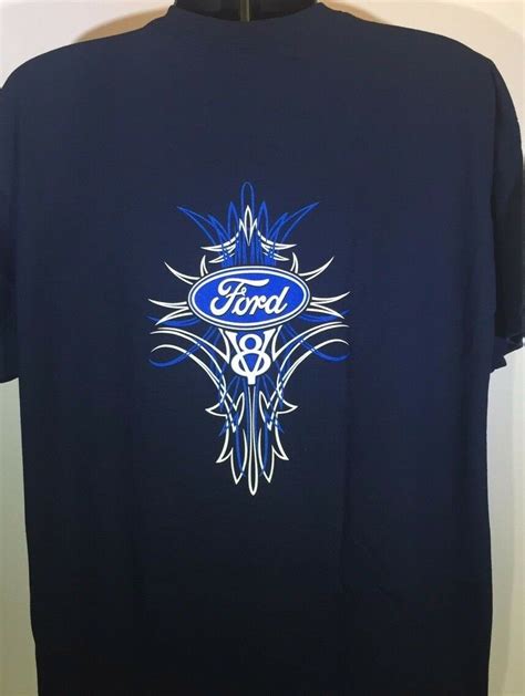 Ford V8 T Shirt Navy Blue With Blue Pinstripe Logo Emblem