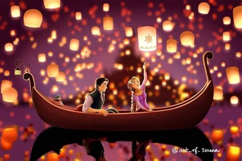 A Man And Woman In A Boat Floating On Water With Lanterns Flying Over