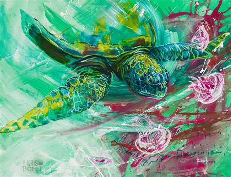 Balancing Blooms: Green Sea Turtle Painting - Kris Friesen Canadian Mural & Portrait Artist