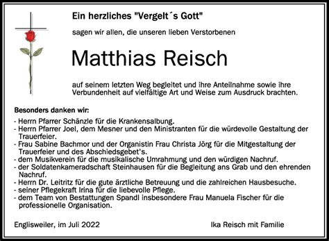 Traueranzeigen Von Matthias Reisch Schwaebische De Trauerportal