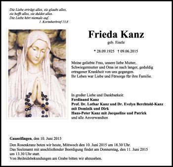 Traueranzeigen von Frieda Kanz Schwarzwälder Bote Trauer