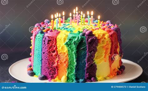 Colorful Rainbow Birthday Cake with Birthday Candles. a Party Stock ...