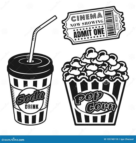 Cup Of Soda Popcorn Cinema Ticket Vector Objects Stock Vector