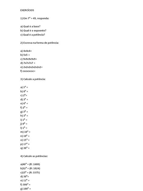 Atividades De Potenciação 6º Ano Pdf