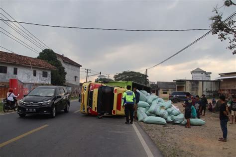 Pecah Ban Truk Muatan Gabah Terguling Di Jalinbar Pringsewu Okezone News