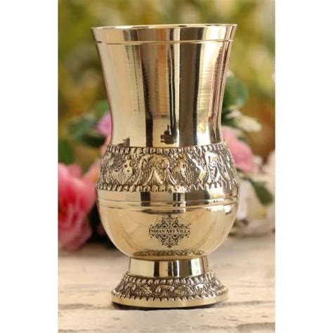 Indian Art Villa Pure Brass Glass Tumbler With Embossed Mughlai