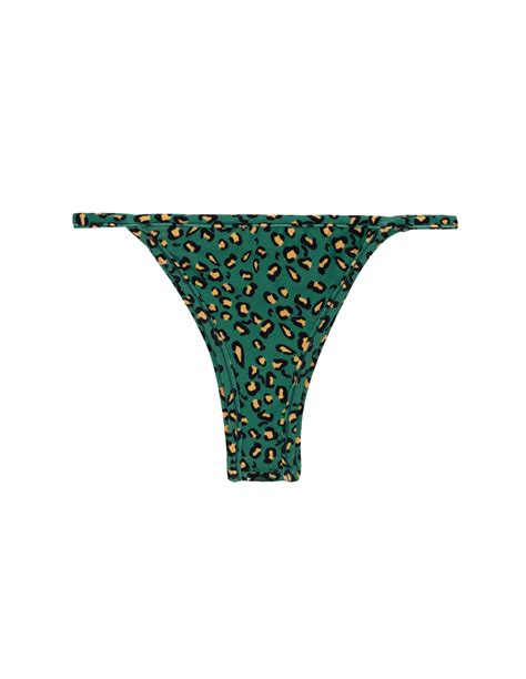 Brazilian Fixed Bikini Bottom With Thin Sides And Green Leopard Pattern