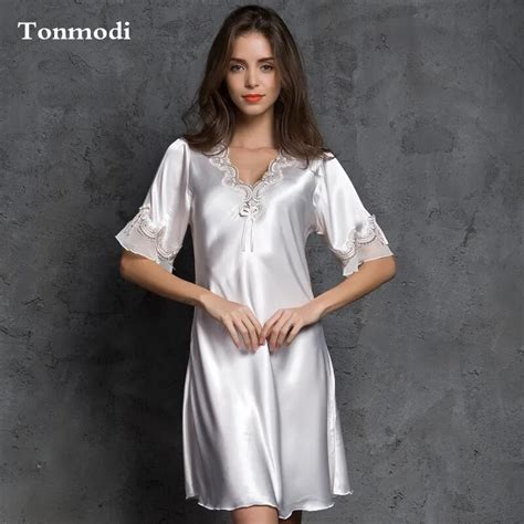 Nightgown For Women Summer Nightgown Silk Sleepwear V Neck Sexy Lace