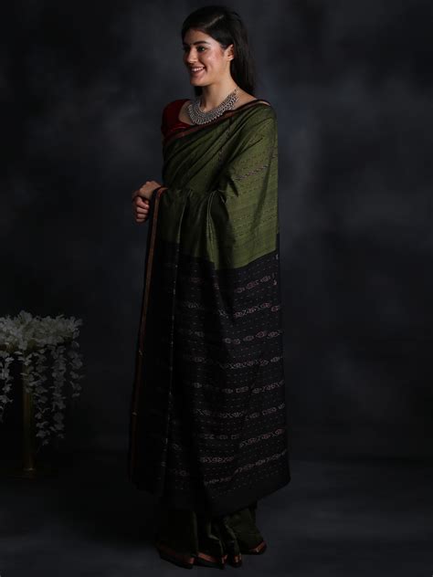 Olive Branch Handloom Sari From Sambalpur With Ikat Woven Border And