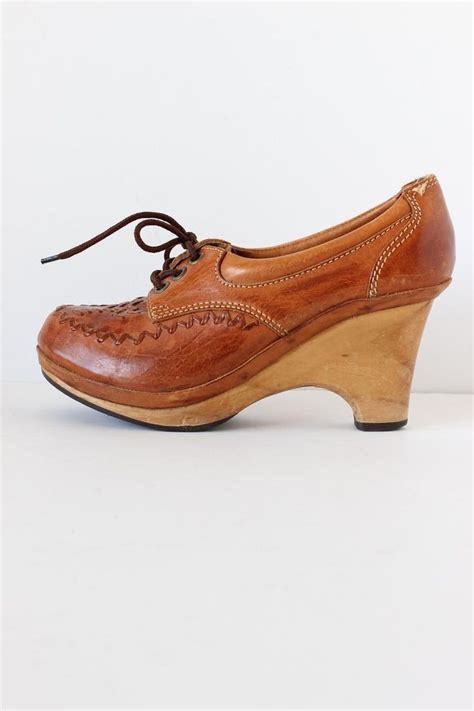 Vintage 1970s Brown Leather Wood Heel Oxford Clog Heels Sz Etsy