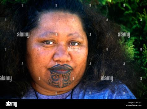 East Cape New Zealand Maori Woman With Tattoo Moko Kauae Stock Photo