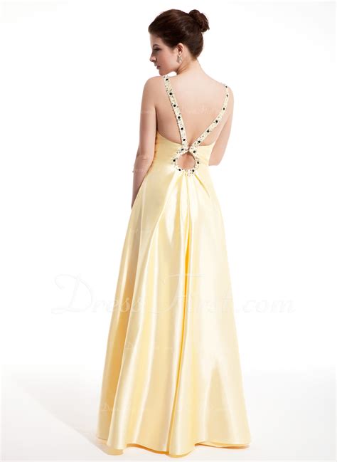 A Line Princess V Neck Floor Length Charmeuse Prom Dress With Ruffle