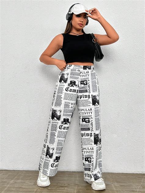 Shein Ezwear Plus Newspaper Print Wide Leg Pants Shein Usa