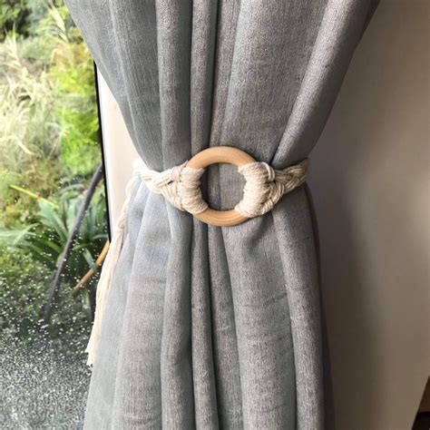 Handmade Curtain Tie Backs Wooden Ring And White Cotton Rope Tieback