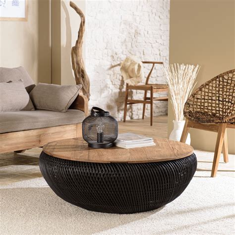 Alida Table Basse Ronde X Cm En Rotin Noir Plateau Amovible