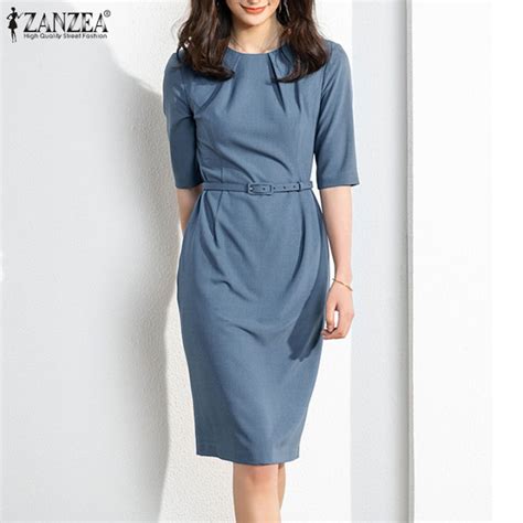 Zanzea Korean Style Women S Dresses Formal Office Casual O Neck Half Sleeve Pleated Midi Dress