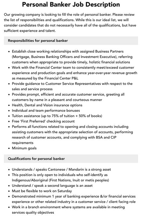 Personal Banker Job Description Velvet Jobs