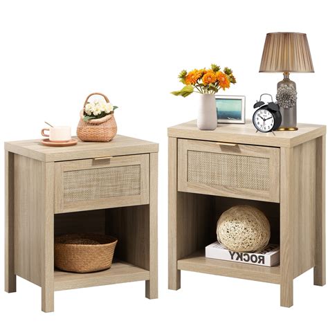 Surmoby Rattan Nightstand Set Of 2farmhouse Bedside Tables Night