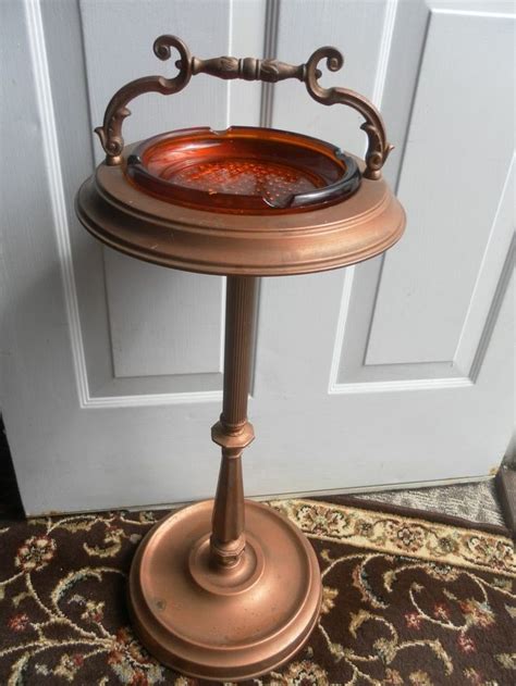 Rare Vintage Metal Amber Glass Standing Floor Ashtray Durable Mid