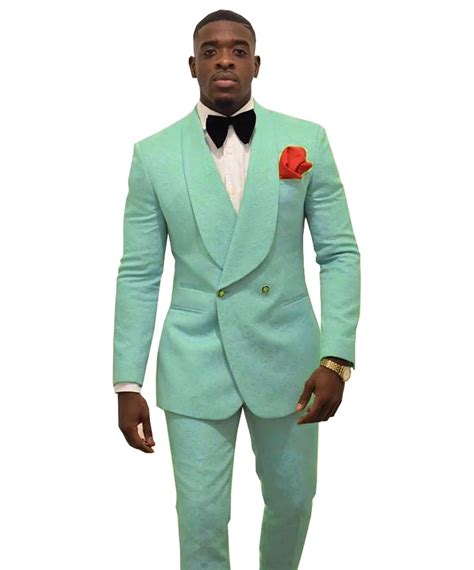 Fashion Mint Green Men S Patterned Suit Slim Fit 2 Pieces Double