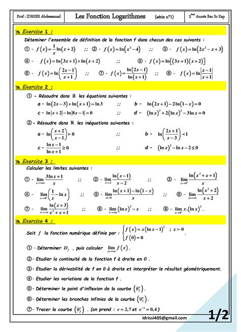 Fonctions logarithmiques Exercices non corrigés 6 AlloSchool