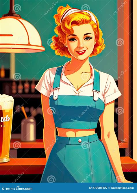 Vintage Sexy Pinup Waitress Torce Com Cerveja Ilustração Stock