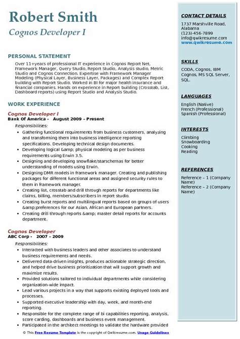 Cognos Developer Resume Samples Qwikresume