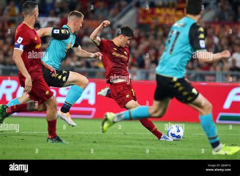 Eldor Shomurodov Of Roma Kicks The Ball After Scoring Goal During