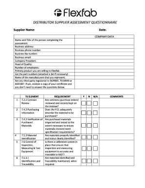 Fillable Online Distributor Supplier Assessment Questionnaire Flexfab