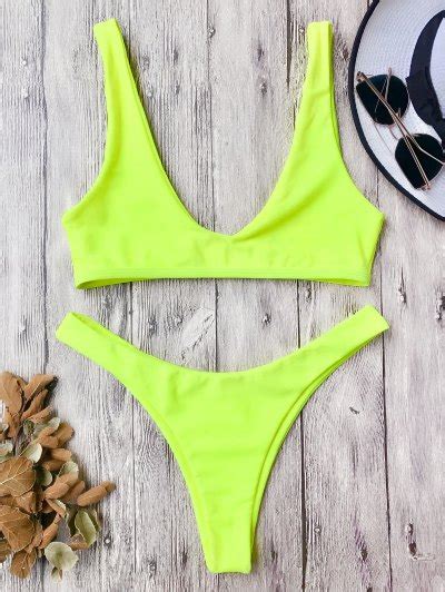 High Cut Scoop Bikini Set Neon Yellow Bikinis M Zaful