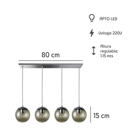 LUZ DESING Colgante 4 Luces Globo 15cm Vidrio Fumé Apto Led E27 Deco