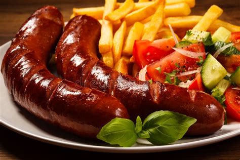 Salchichas Asadas A La Parrilla Microprocesadores Y Ensalada Vegetal